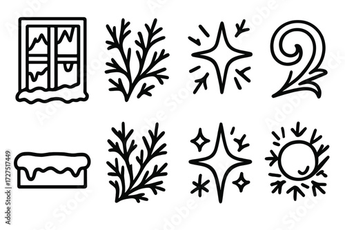 Icy Window Icons. Frosty Window icons in outline style: icy windowpane, frosty snow pattern, glowing star inside, crystal swirl, snowy edge, frozen