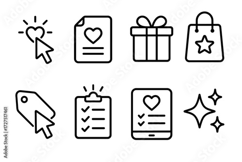 Wishlist Icons Glowing. Wishlist Click icons in outline style: mouse pointer tapping heart, wishlist page glowing, gift box icon, shopping bag with