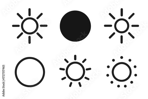 Sun Spot Icons. Sun Spot Icons icons in outline style: bright sun with dot center, glowing orb, starburst with spot, circular light mark, radiant sun