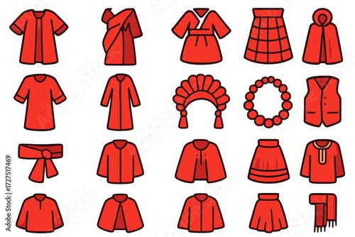 Red Cultural Clothing Icons. Cultural Red Clothing Icons icons in modern flat : red festival robe, red sari, red hanbok, red poncho, red kaftan, red