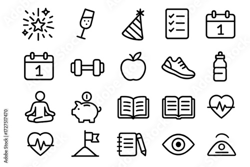 New Year Icons. New Year’s Resolutions Icons icons in outline style: fireworks star, champagne glass, party hat, checklist paper, calendar page,