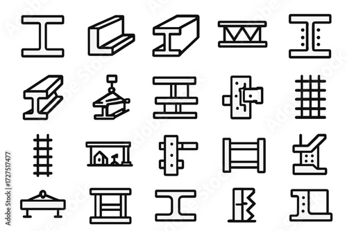 Industrial Beam Icons. Industrial Beam Icons icons in outline style: large steel beam, channel section, hollow beam, girder on site, welded flange,
