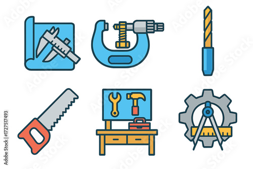 Precision Workshop Tools Icons. Workshop Precision Tools icons in modern flat : caliper on blueprint, micrometer with bolt, precision drill bit, fine