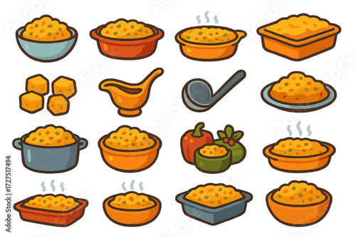 Stuffing Icon Collection. Homestyle Stuffing Icons icons in modern flat : round bowl, oval casserole, deep dish, bubbling stuffing, golden top crust,