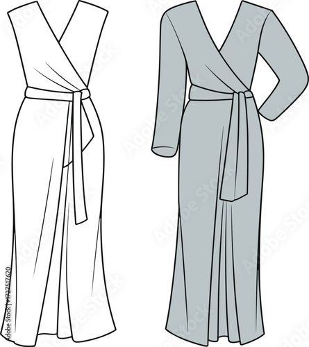 Elegant long wrap dress with belt, sleeveless and long sleeve variations, fashion CAD flat sketch for garment illustration, vector template