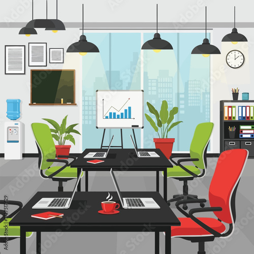 Bright Modern Office Space with Laptops and Whiteboard Chart Showing Growth and a City View Ideal for Collaboration and Productivity in a Business Setting