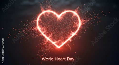 Vibrant red heart composed of glowing particles on a dark background, symbolizing health awareness for World Heart Day