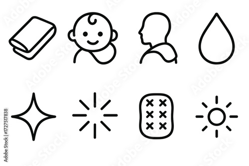 Burp Cloth Icons. Burp Cloth icons in outline style: cloth fold, baby head, shoulder drape, droplet detail, shining star, glowing spark, fabric