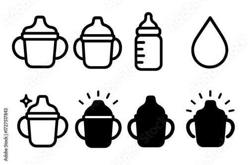 Sippy Cup Icons. Sippy Cup icons in outline style: cup with handles, spout lid, baby bottle, droplet icon, star sparkle, glowing aura, cup silhouette