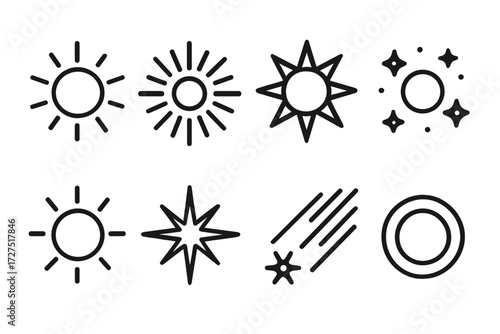 Sun Flare Icons. Sun Flare icons in outline style: radiant sun, glowing burst, solar rays, sparkling orb, bright halo, shining star, flare streaks,