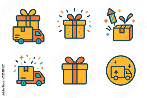 Colorful Shipping Icons. Festive Free Shipping icons in modern flat : gift box with truck, celebratory parcel, fireworks with package, confetti