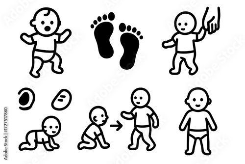 Baby Steps Icons. First Steps Icons icons in outline style: baby taking steps, footprints icon, baby holding parent’s hand, tiny shoe print, crawling