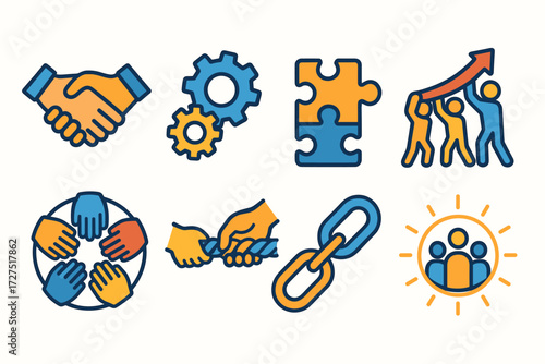 Teamwork Unity Icons. Joint Effort icons in modern flat : two hands shaking, gears interlocking, puzzle pieces connecting, team lifting arrow, circle