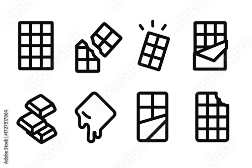 Chocolate Bar Variations. Chocolate Bar icons in outline style: unwrapped bar with squares, broken chocolate piece, glowing chocolate icon, bar with