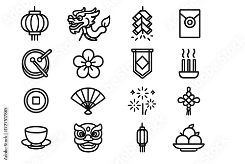 Chinese new year linear icon set. featuring lantern, dragon, fireworks, red envelope, coin, fan, flower symbols