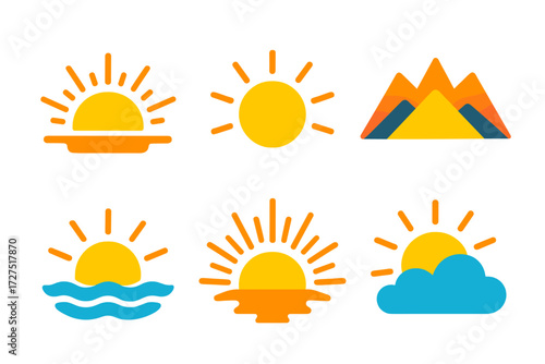 Sunrise Icon Collection. Sunrise Glow Icons icons in modern flat : rising sun over horizon, glowing rays, mountain sunrise, ocean sunrise, radiant