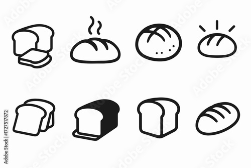 Variety of Bread Icons. Bread Loaf icons in outline style: loaf with slices beside, steaming bread silhouette, round rustic bread, glowing loaf