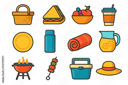 Vibrant Picnic Icons. Outdoor Picnic icons in modern flat : picnic basket, sandwich, fruit bowl, paper cup, paper plate, thermos, blanket, lemonade