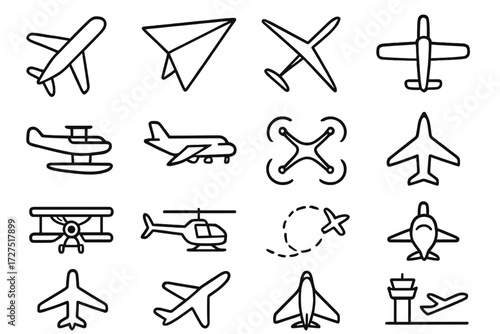Aviation linear icon set. featuring airplane, drone, helicopter, glider, biplane, control tower, seaplane, paper plane