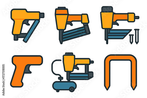Construction tools flat icon set. featuring nail gun, air nailer, stapler, brad nailer, air compressor, staples