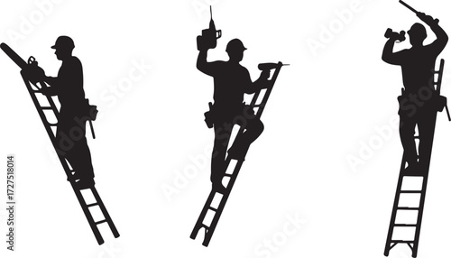 PrintConstruction worker silhouette, ladder safety, power tool action, manual labor, black outline, skilled trades, maintenance task, elevated work, tool belt