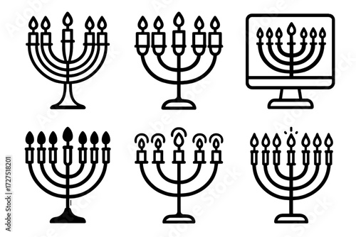 Modern Menorah Icons. Modern Menorah Lighting icons in outline style: sleek metallic menorah, glass candle holders, digital menorah icon, LED flame