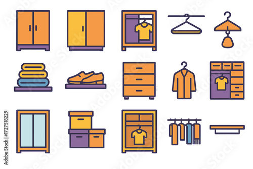 Modern Wardrobe Icons. Wardrobe Icons icons in modern flat : double door closet, sliding wardrobe, open wardrobe, hanger bar, folded sweaters, shoes