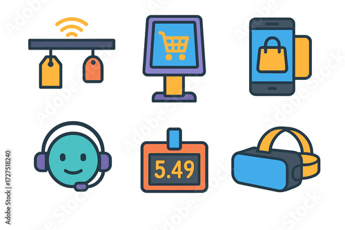 Modern Retail Tech Icons. Retail Innovation Tech icons in modern flat : smart shelf sensor, interactive kiosk screen, mobile checkout phone, AI