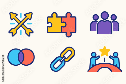 Cross-Functional Icon Set. Cross-functional icons in modern flat : crossed arrows glowing, puzzle join, gears meshed, team silhouettes, Venn overlap,