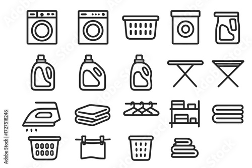 Laundry Icon Collection. Laundry Icons icons in outline style: washer, dryer, laundry basket, detergent box, liquid detergent, bleach bottle,