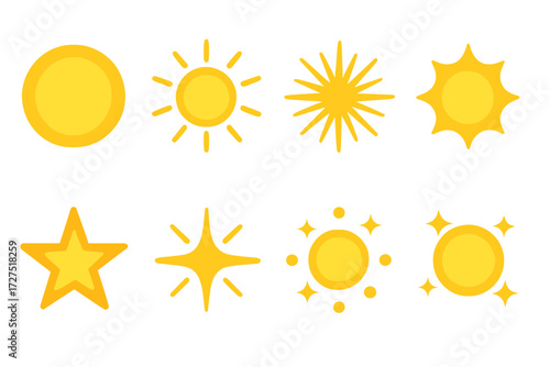 Vibrant Sun Icons. Sun Flare icons in modern flat : circular glow, shining sun, radiant spark, solar aura, glowing star, flare light, luminous shine,