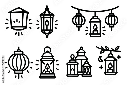Glowing Lantern Icons. Lantern Light icons in outline style: floating glowing lantern, ornate lantern shining, candle flame lantern, hanging lantern