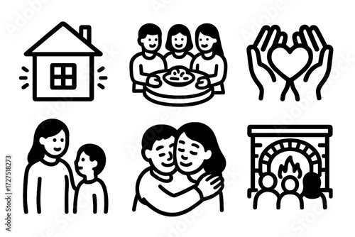 Family silhouette icon set. featuring home, dinner, care, parenting, embrace, fireplace symbols