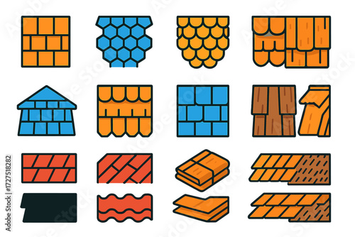 Building materials flat icon set. featuring panels, shingles, tiles, planks, slats, and roofing symbols