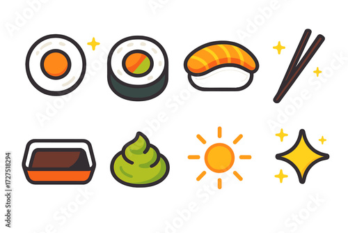 Vibrant Sushi Icons. Sushi Roll icons in modern flat : maki slice, sushi roll with filling, nigiri with fish, chopsticks pair, soy dish, wasabi ball,
