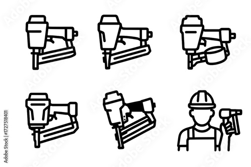 Industrial Nail Gun Icons. Heavy Duty Nail Gun icons in outline style: industrial nailer, framing nail gun, roofing nail gun, large construction gun,