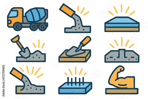 Modern Foundation Icons. Foundation Pour icons in modern flat : concrete truck, chute pouring, slab base, shovel detail, smoothing trowel, glowing