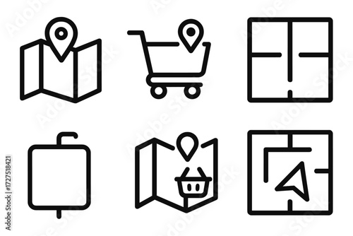 Store Map Icons. Store Map Basics icons in outline style: folded map with pin, shopping cart location icon, store layout grid, aisle marker symbol,
