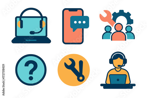 Customer service silhouette icon set. featuring laptop, phone, team, question mark, wrench, person icons