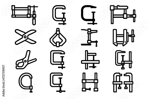 Woodworking Clamp Icons. Woodworking Clamps Icons icons in outline style: bar clamp, pipe clamp, C-clamp, F-clamp, spring clamp, corner clamp, miter