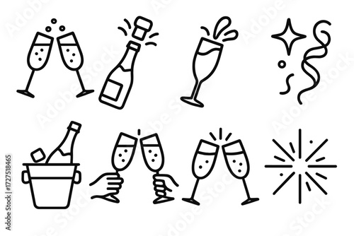 Champagne Celebration Icons. Champagne Toast icons in outline style: flutes with bubbles, popping cork, champagne splash, golden star shine, ribbon