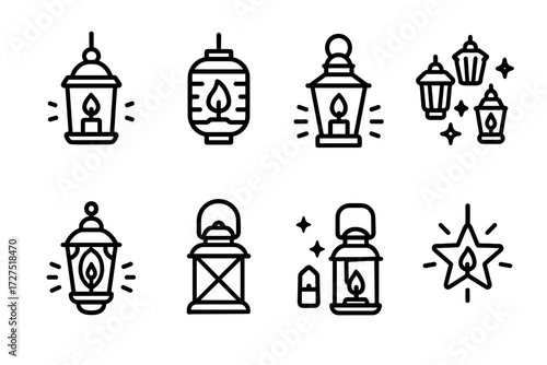Glowing Lantern Icons. Lantern Light icons in outline style: glowing hanging lanterns, paper lantern with flame, candle lantern shining, festive