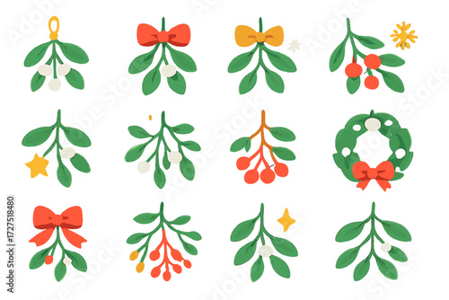 Festive Mistletoe Icons. Festive Mistletoe Icons icons in modern flat : mistletoe ornament, red bow sprig, golden ribbon sprig, snowflake accent,