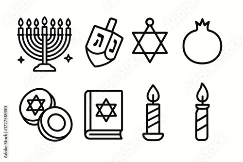Hanukkah Celebration Icons. Hanukkah Symbols icons in outline style: menorah glowing, dreidel with Hebrew letters, star ornament, oil lamp, chocolate