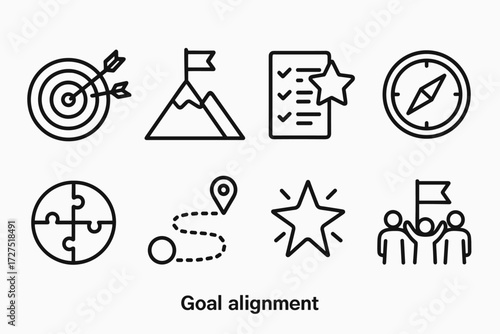 Goal Alignment Icons. Goal Alignment icons in outline style: target with arrows, mountain goal flag, checklist star, compass guiding, puzzle forming