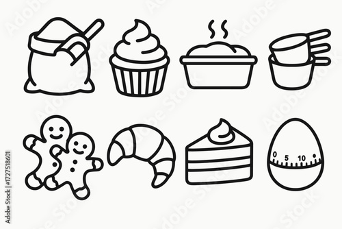 Baking Traditions Icons. Baking Traditions icons in outline style: flour sack with scoop, cupcake with frosting, bread rising in pan, measuring cups,
