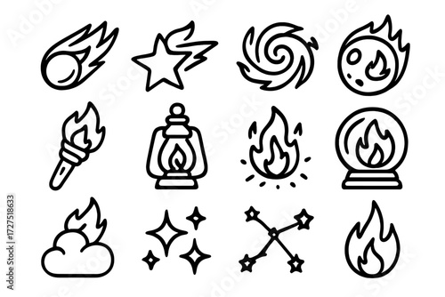 Fiery Night Icons. Fiery Night icons in outline style: comet, shooting star, galaxy swirl, blazing moon, torch, lantern, fire spark, crystal orb,