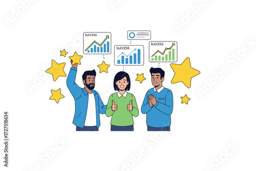 Three diverse individuals celebrating success, visualizing positive financial growth and achievement.