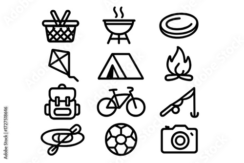 Outdoor activities linear icon set. featuring barbecue, picnic, frisbee, kite, camping, campfire, backpack, bicycle, fishing, canoeing, lifebuoy, camera.
