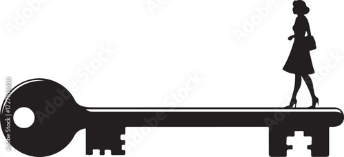 PrintEmpowered woman silhouette, walking on key, unlocking potential, career success, symbolic art, opportunity access, black outline, ambition, freedom, strength